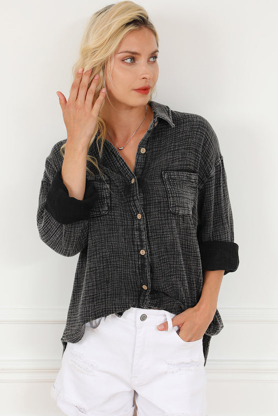 Mineral Wash Crinkle Textured Chest Pockets Shirt