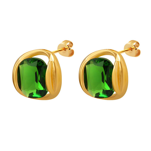 18K gold plated Stainless steel earrings oval green CZ