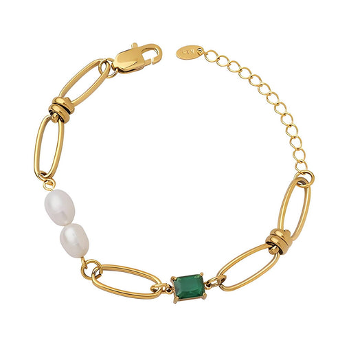 18K gold plated Stainless steel bracelet baroque pearl green CZ